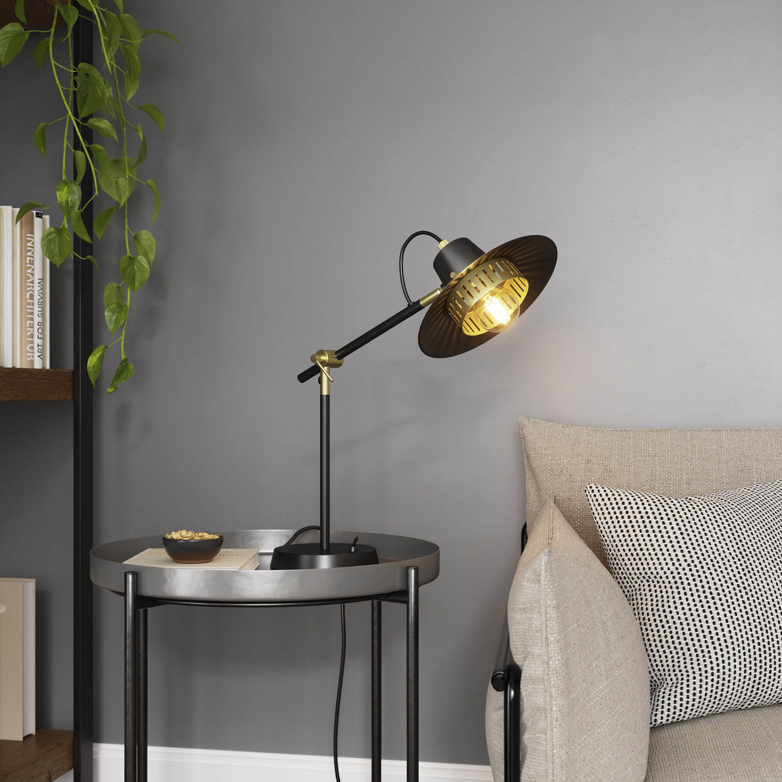 Table Lamp Delagoa Industrial Matt Black Gold Modern Open Shade Metal - Image 2