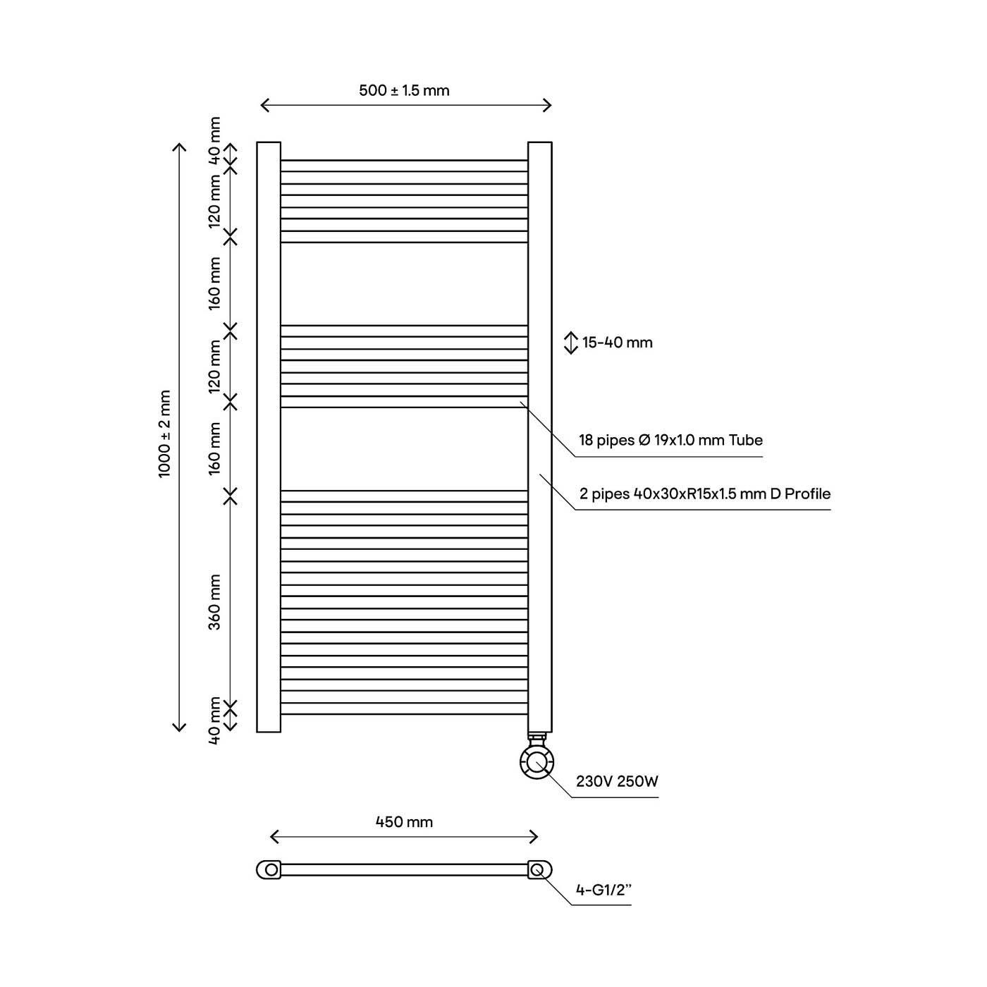 Flomasta Galene Black Electric Flat Towel warmer (W)500mm x (H)1000mm - Image 2