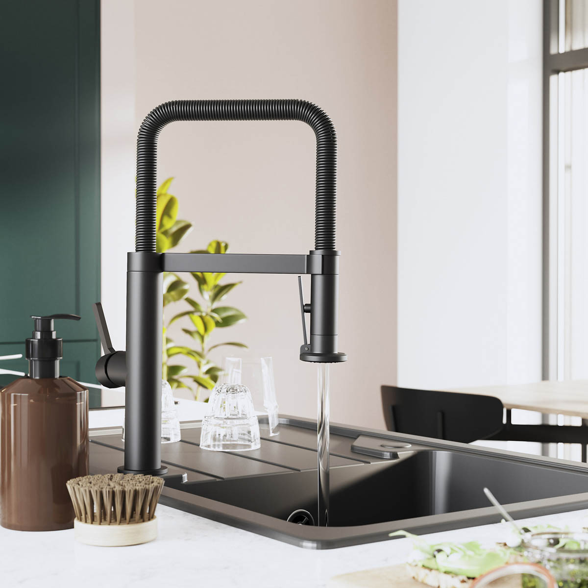 Kitchen Sink Tap Mixer Graphite Single Lever Spring Neck Swivel Spout Faucet - Image 4