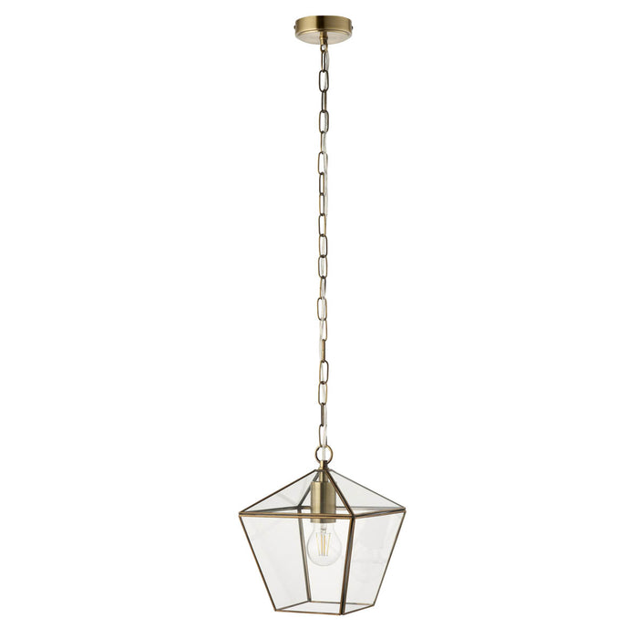 LED Pendant Ceiling Light Antique Brass Geo Glass Shade adjustable Drop Dia 21cm - Image 1