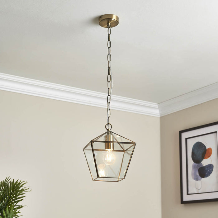 LED Pendant Ceiling Light Antique Brass Geo Glass Shade adjustable Drop Dia 21cm - Image 2