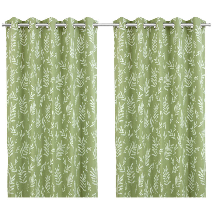 Curtain Lined Eyelet Light Green Printed Leaves Pattern (W)228cm (L)228cm Pair - Image 4