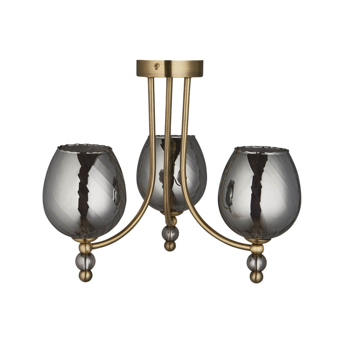 LED Ceiling Light 3 Way Multi Arm Smoked Glass Shades Antique Brass Effect - Image 3