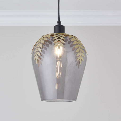 Pendant Ceiling Light LED Metal Floral Gold Glass Smoked Effect (Dia)200mm - Image 1