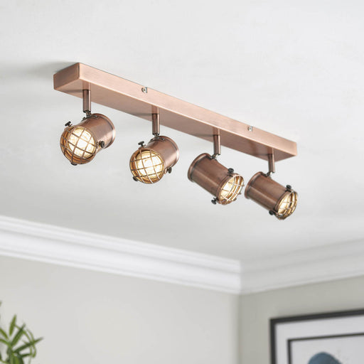 Ceiling Spotlight Bar 4 Way Caged Antique Copper Effect Adjustable Lamps - Image 1