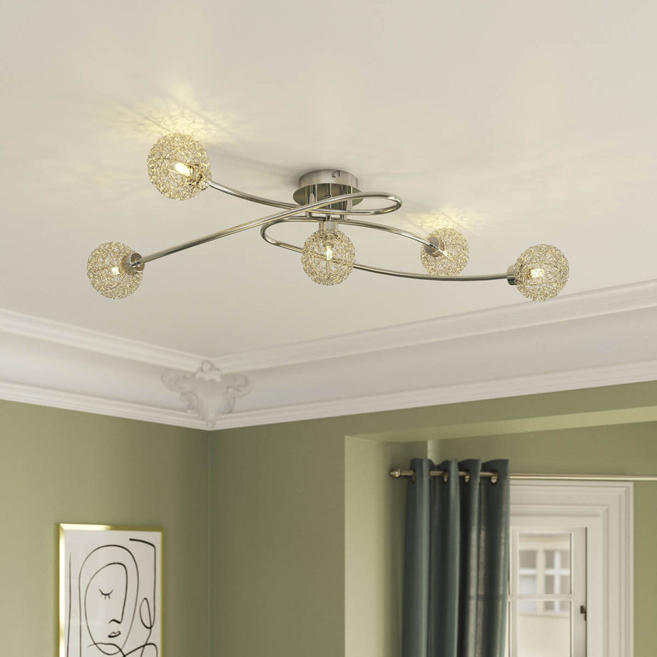 Ceiling Light 5 Lamp LED Chrome Twisted Crystal Decoration Glass Metal Modern - Image 1