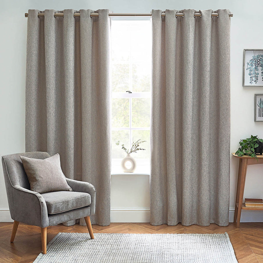 Eyelet Curtains Pair Lined Natural Beige Woven Heavy Weight (W)117 (L)137cm - Image 1