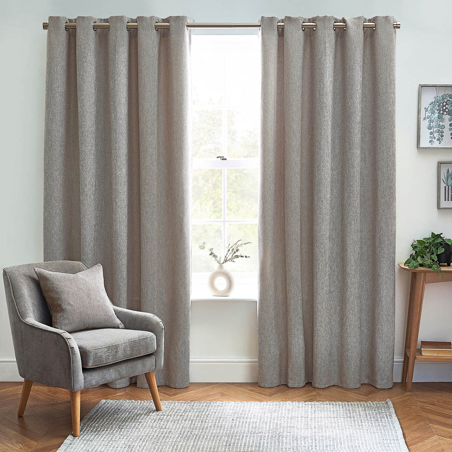 Eyelet Curtains Pair Thermal Blackout Neutral Woven Effect (W)117 (L)137cm - Image 1