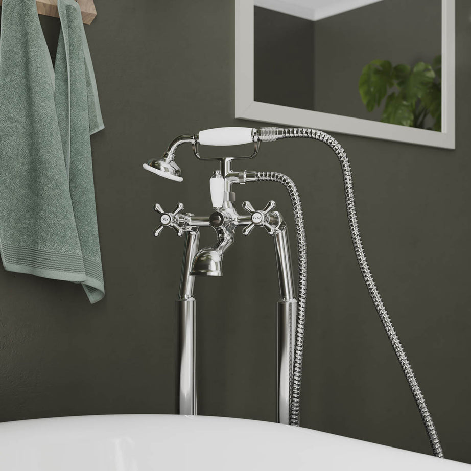 Bath Filler Tap Mono Mixer With Hand Held Set Chrome Floor Mounted Cross Head - Image 3