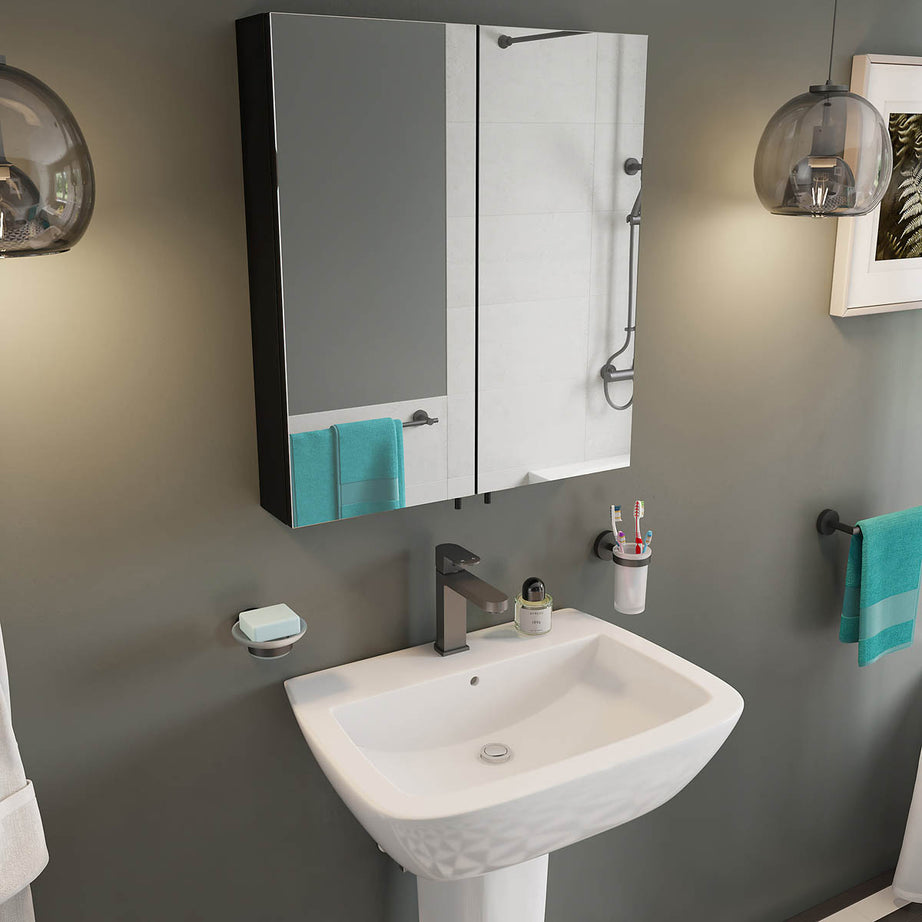 Bathroom Cabinet Double Mirrored Door Matt Black Wall Mounted (H)670 x (W)600 mm - Image 1