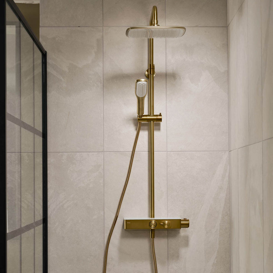 Triton Thermostatic Mixer Shower Matt Gold Effect Single Spray Pattern Twin Head - Image 2