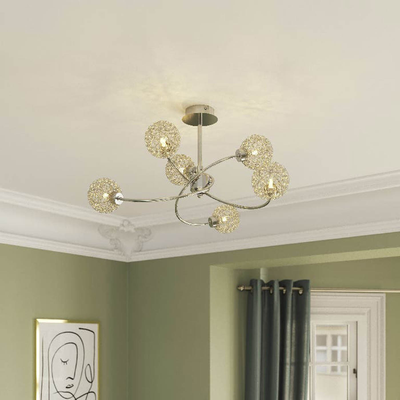 Ceiling Light 6 Lamp Brushed Twisted Metal Silver Chrome Effect Modern - Image 2