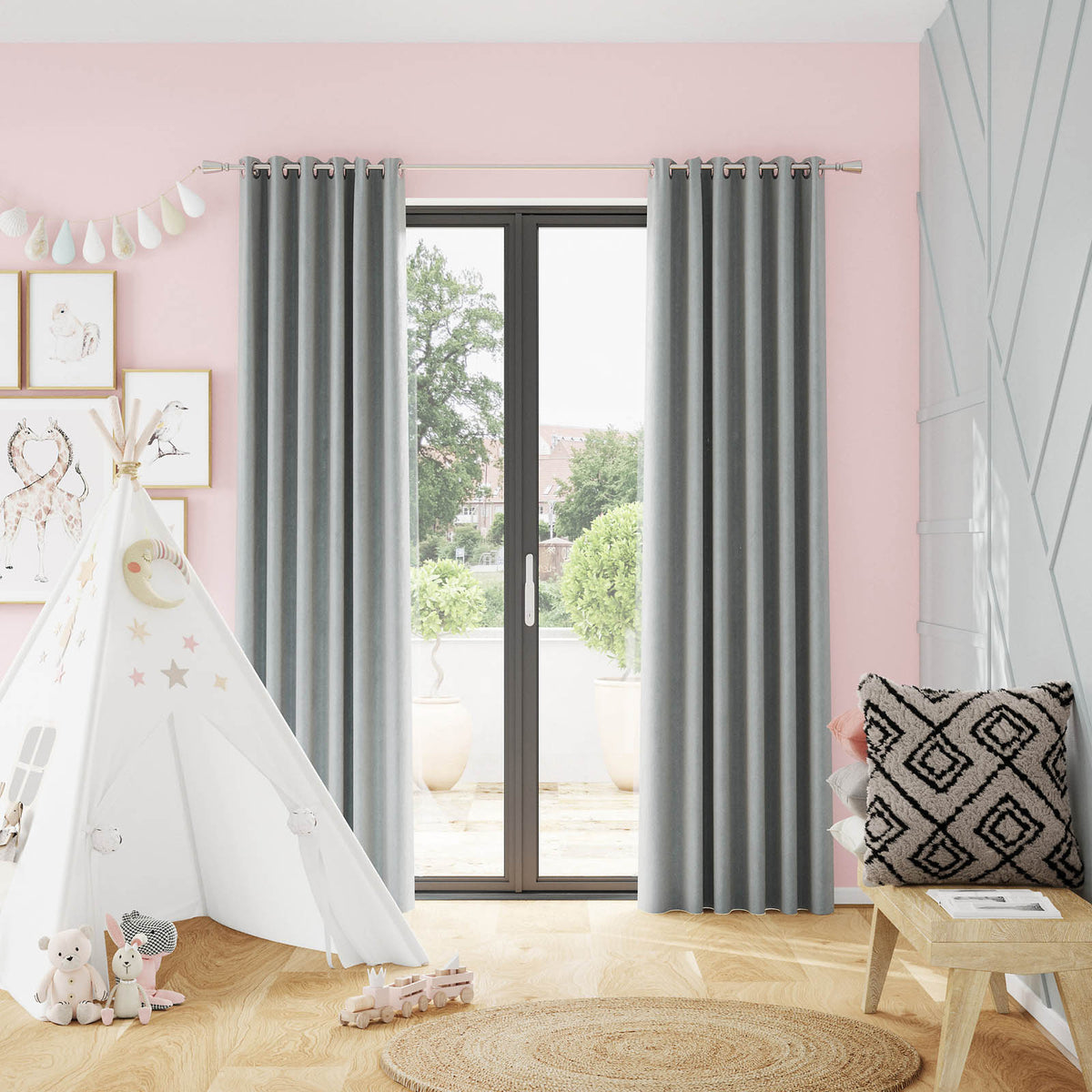 Eyelet Curtain Grey Velvet Lined Ready Made Plain Ring Top Pair W167xL183cm - Image 1