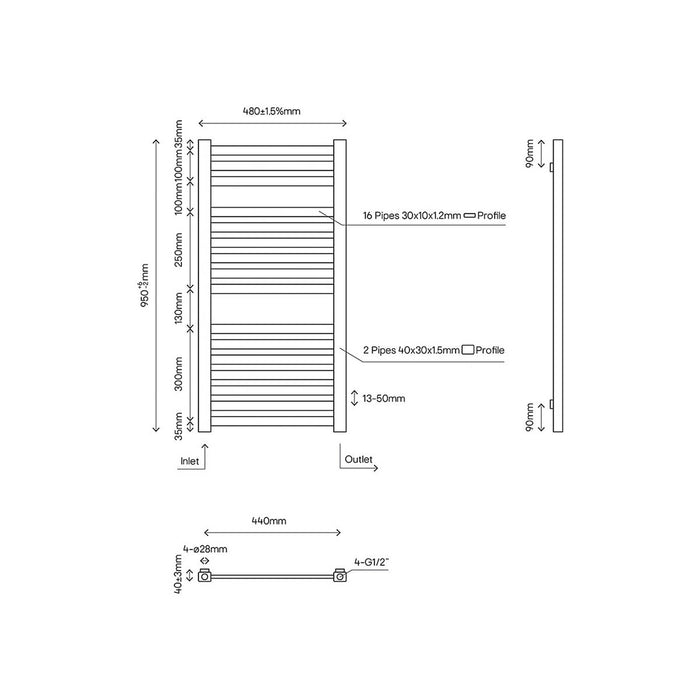 Towel Rail Radiator White Bathroom Vertical Warmer (W)480 x (H)950mm 1408BTU - Image 3