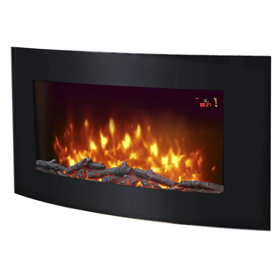 Electric Fireplace Wall Mounted LED Flame Log Effect Timer Black Glass 2000W - Image 1