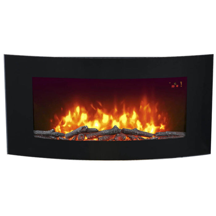 Electric Fireplace Wall Mounted LED Flame Log Effect Timer Black Glass 2000W - Image 5