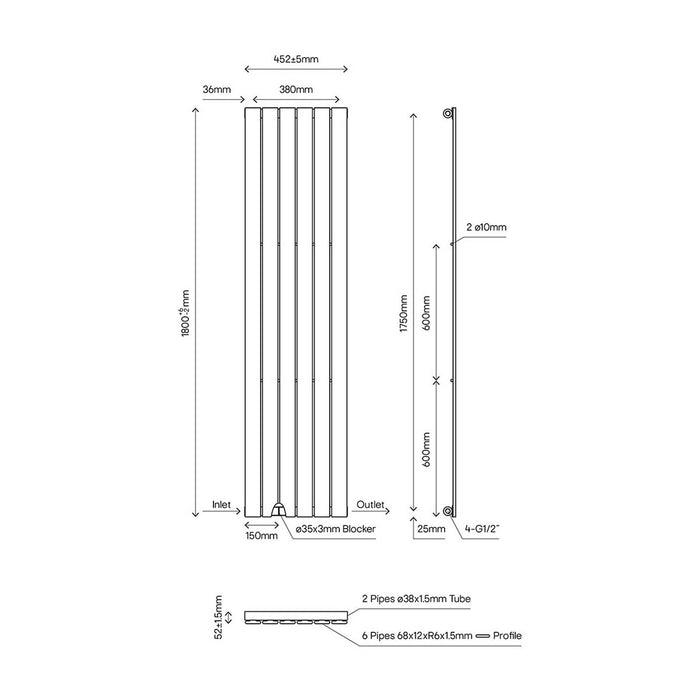 Designer Radiator White Vertical Modern Wall Mounted 2598BTU (W)452 x (H)1800mm - Image 2