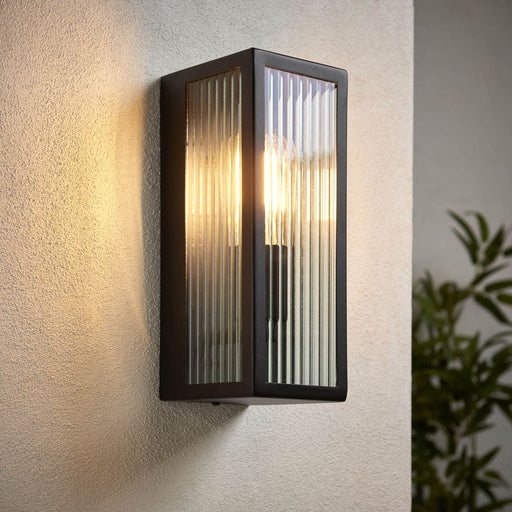 Outdoor Wall Light Clear Ribbed Glass Steel Matt Black Finish Dimmable Modern - Image 1