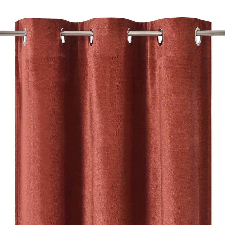 Eyelet Curtain Pair Terracotta Red Plain Woven Lined Chenille Effect W167 L228cm - Image 3