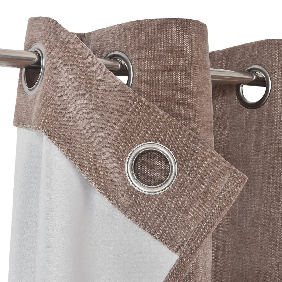 Curtain Pair Taupe Plain Woven Chenille Lined Eyelet Weighted (W)167cm (L)228cm - Image 5