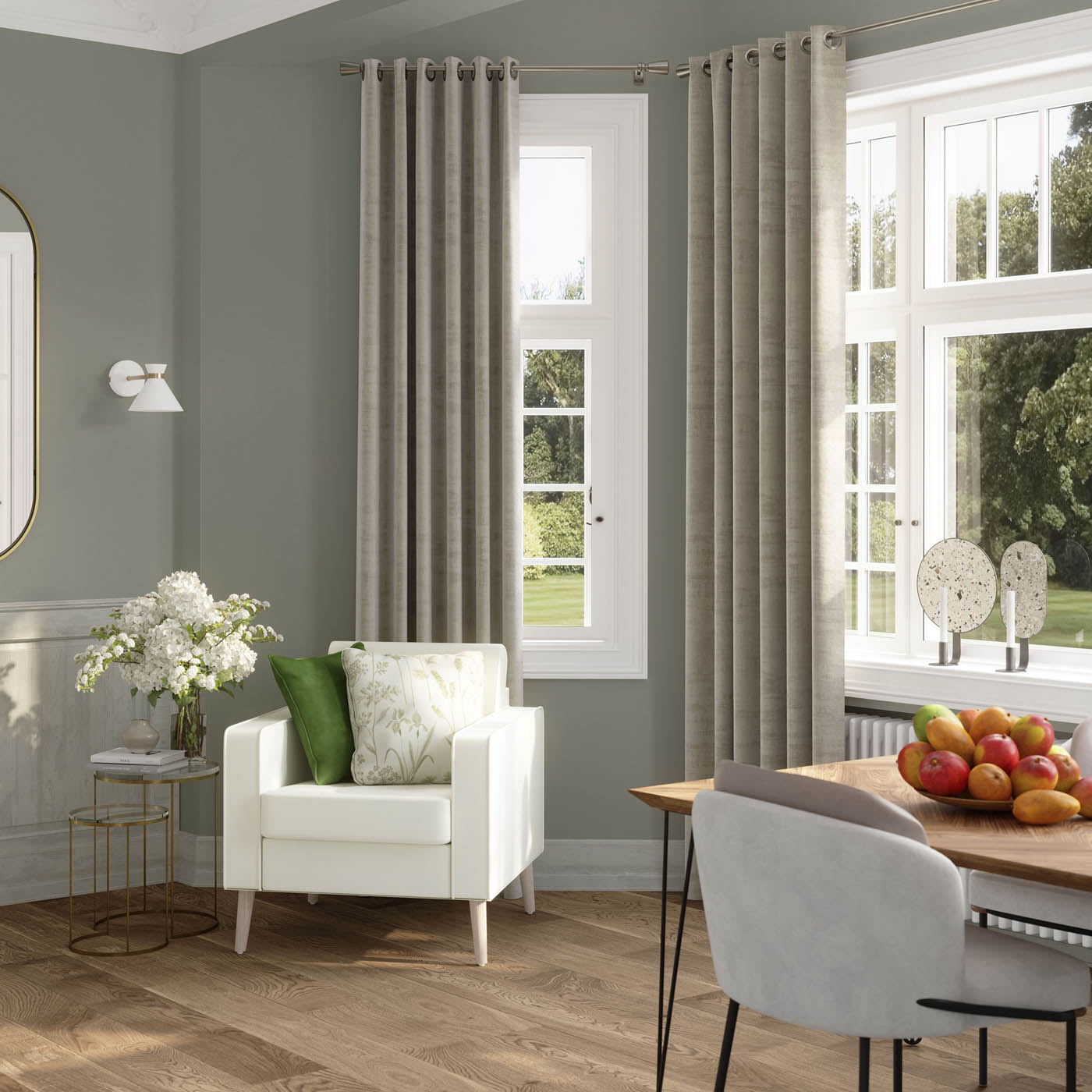 GoodHome Eyelet Curtain Beige Plain woven Lined Ruvor (W)167cm (L)183cm, Pair - Image 1