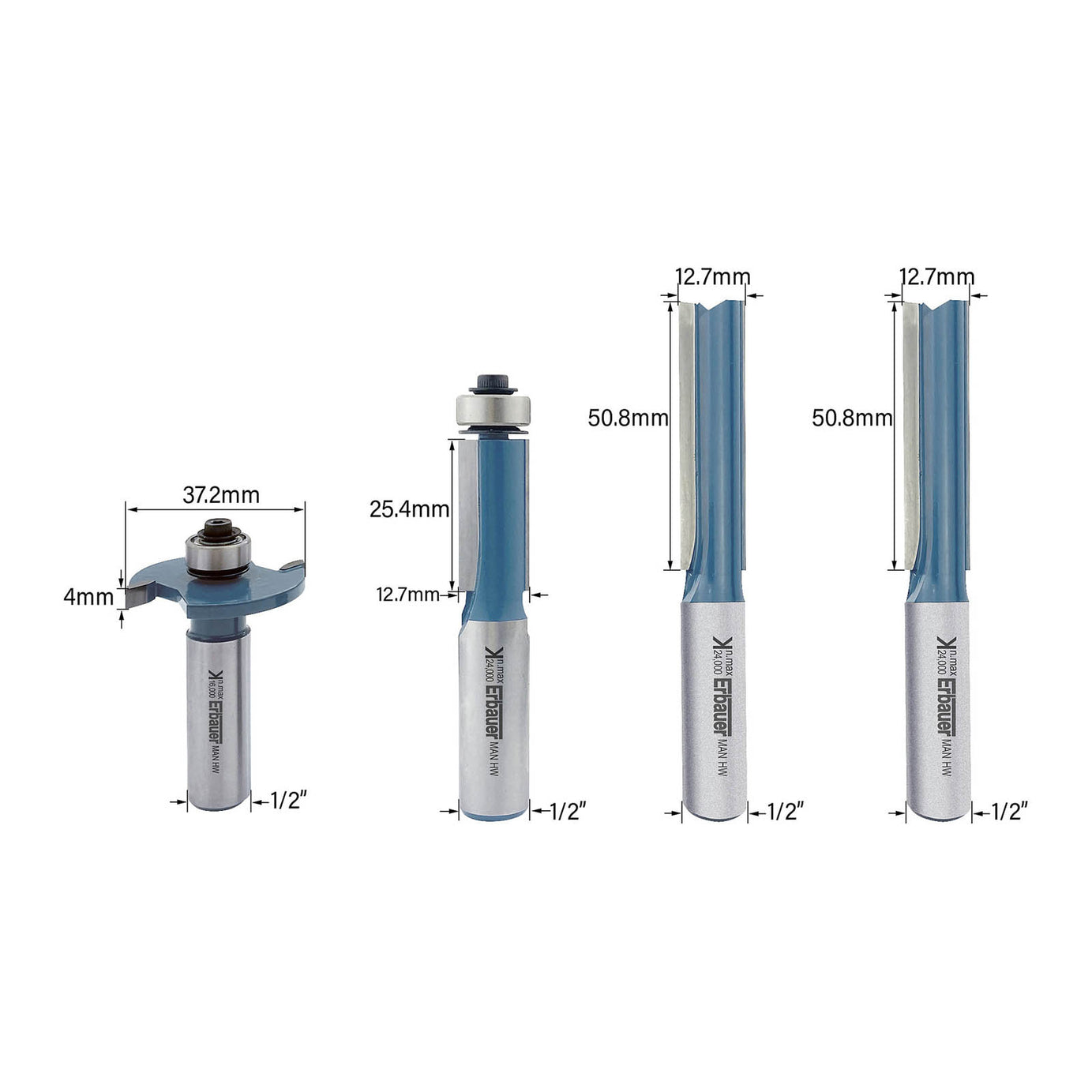 Erbauer Router bit set ½" shank 4 piece Kitchen fitters router set - Image 1