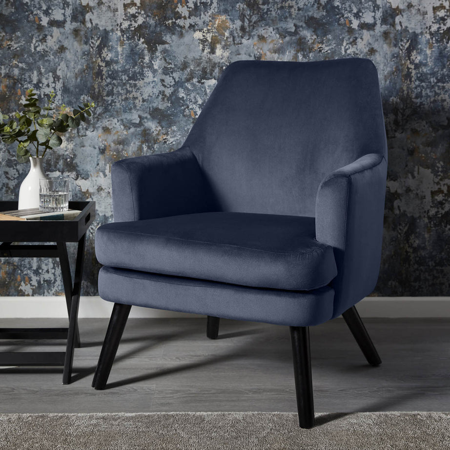 Accent Chair Dark Blue Velvet Wood Legs Living Room Bedroom Armchair Modern - Image 1
