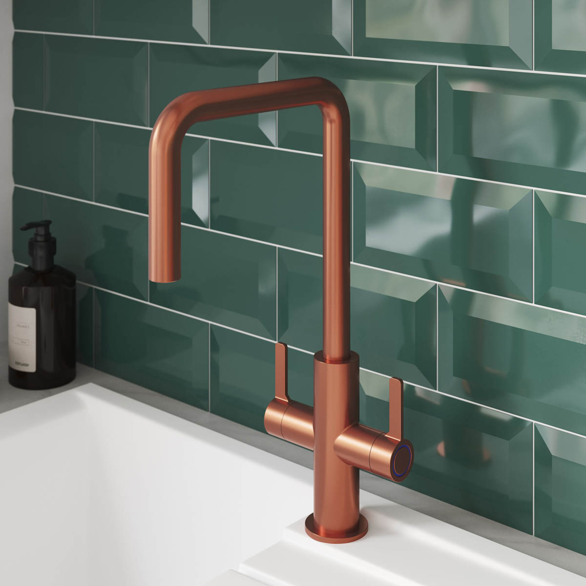 Kitchen Tap Mixer Gloss Copper Effect Dual Lever Swivel Spout Modern Faucet - Image 4