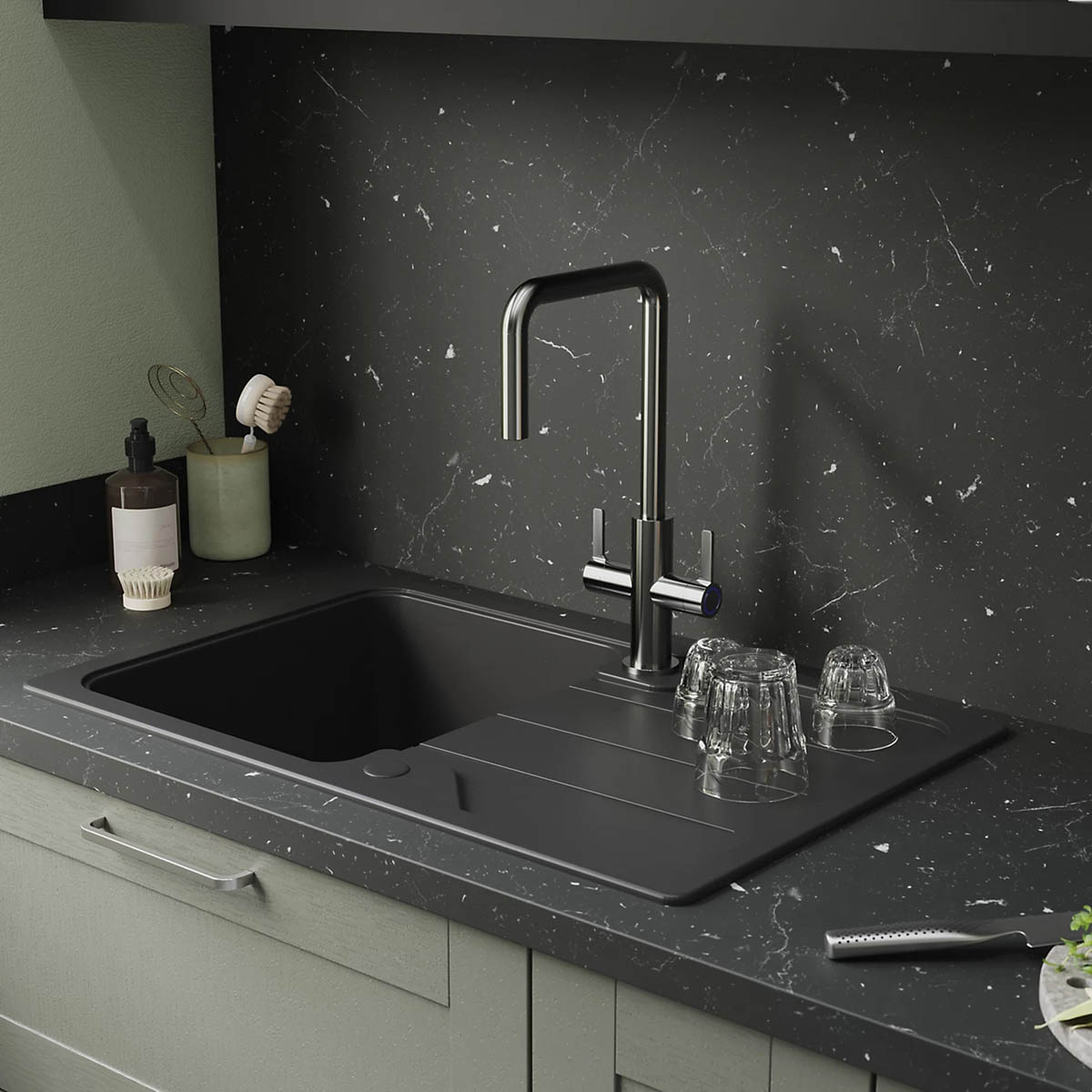 Kitchen Tap Mixer Stainless Steel Double Lever Swivel Spout Modern Faucet - Image 3