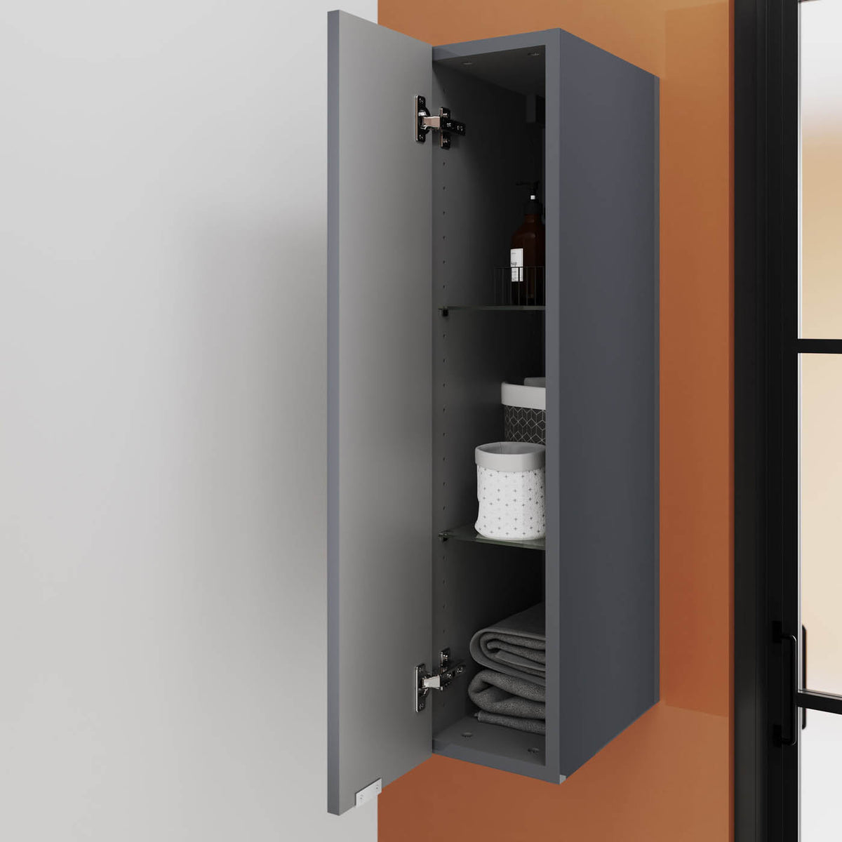 Bathroom Wall Cabinet Imandra Deep Gloss Grey Single Soft Close (H)90cm (W)20cm - Image 2