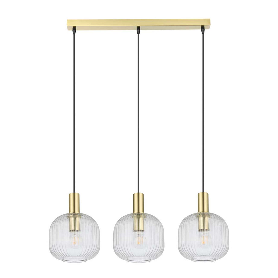 Pendant Ceiling Light 3 Lamp LED Clear Glass Satin Brass Vintage (H)1100 mm - Image 1