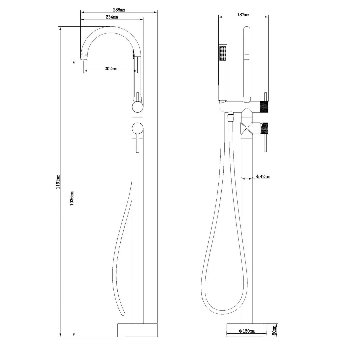 Bath Filler Tap Shower Mixer Matt Black Floor Mounted Bathroom Modern Faucet - Image 3