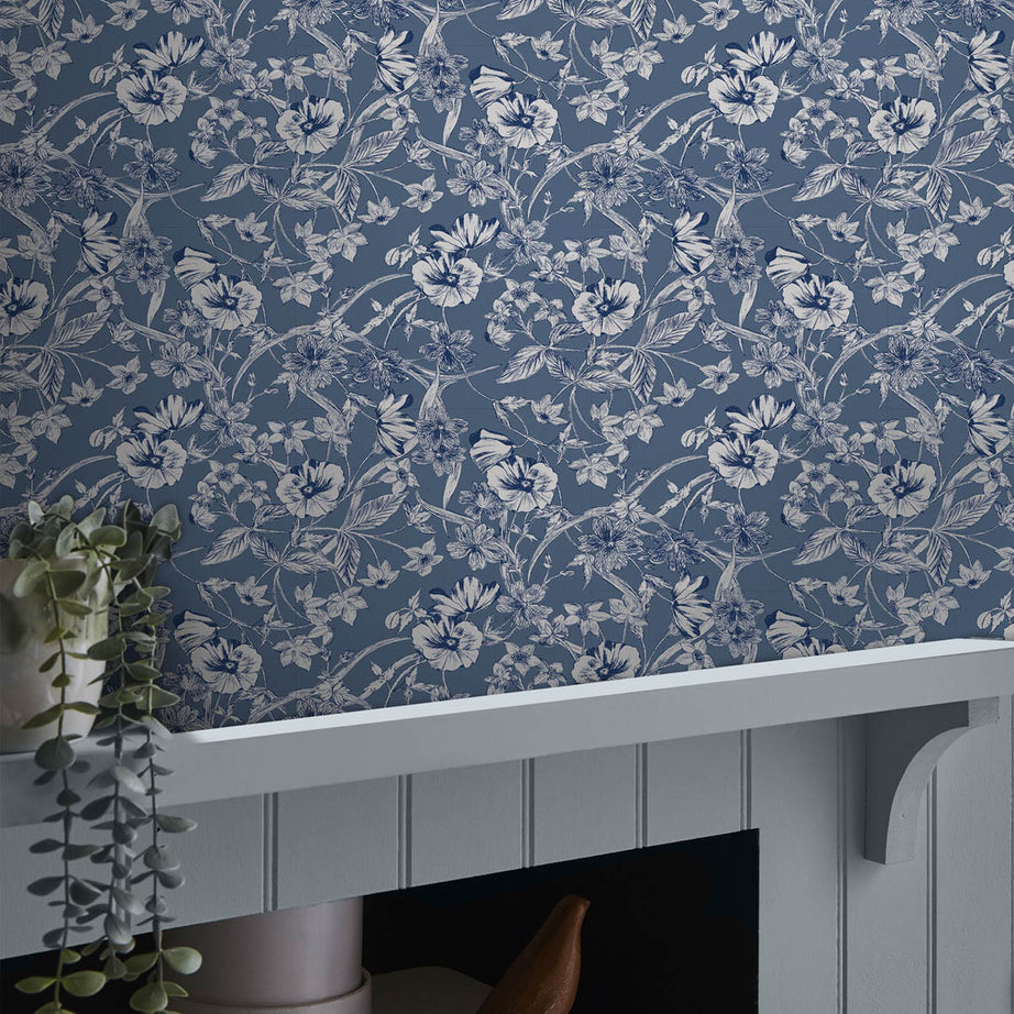 Wallpaper Summerhill Midnight Blue Floral Smooth Patterned Covers Imperfections - Image 4