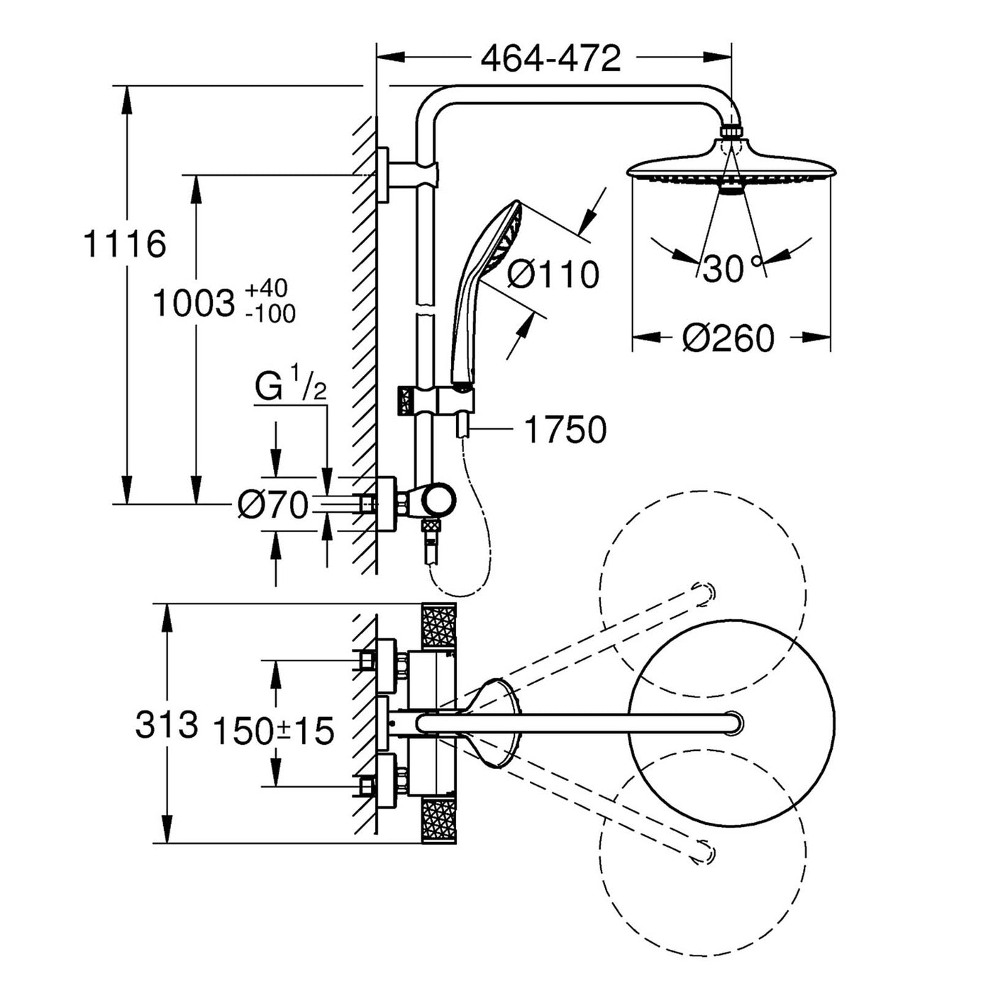 Grohe Vitalio Joy 260 Thermostatic Mixer Shower 2 Head Chrome - Image 4