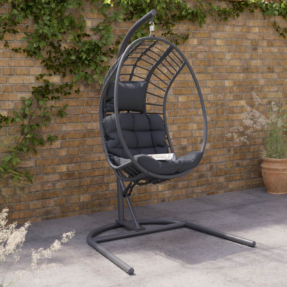 Hanging Egg Chair Garden Patio Dark Grey Metal Swing Outdoor Rattan Effect - Image 2