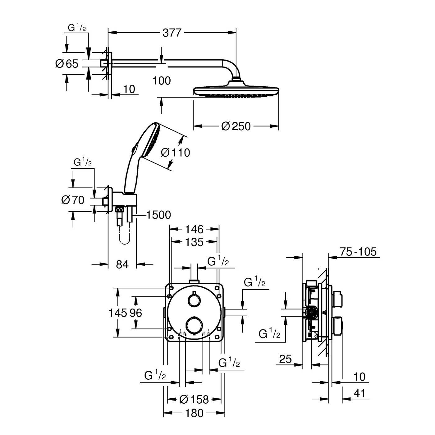 Grohe Thermostatic Mixer Shower Chrome Concealed 2 Spray Patterns Dual Head - Image 3