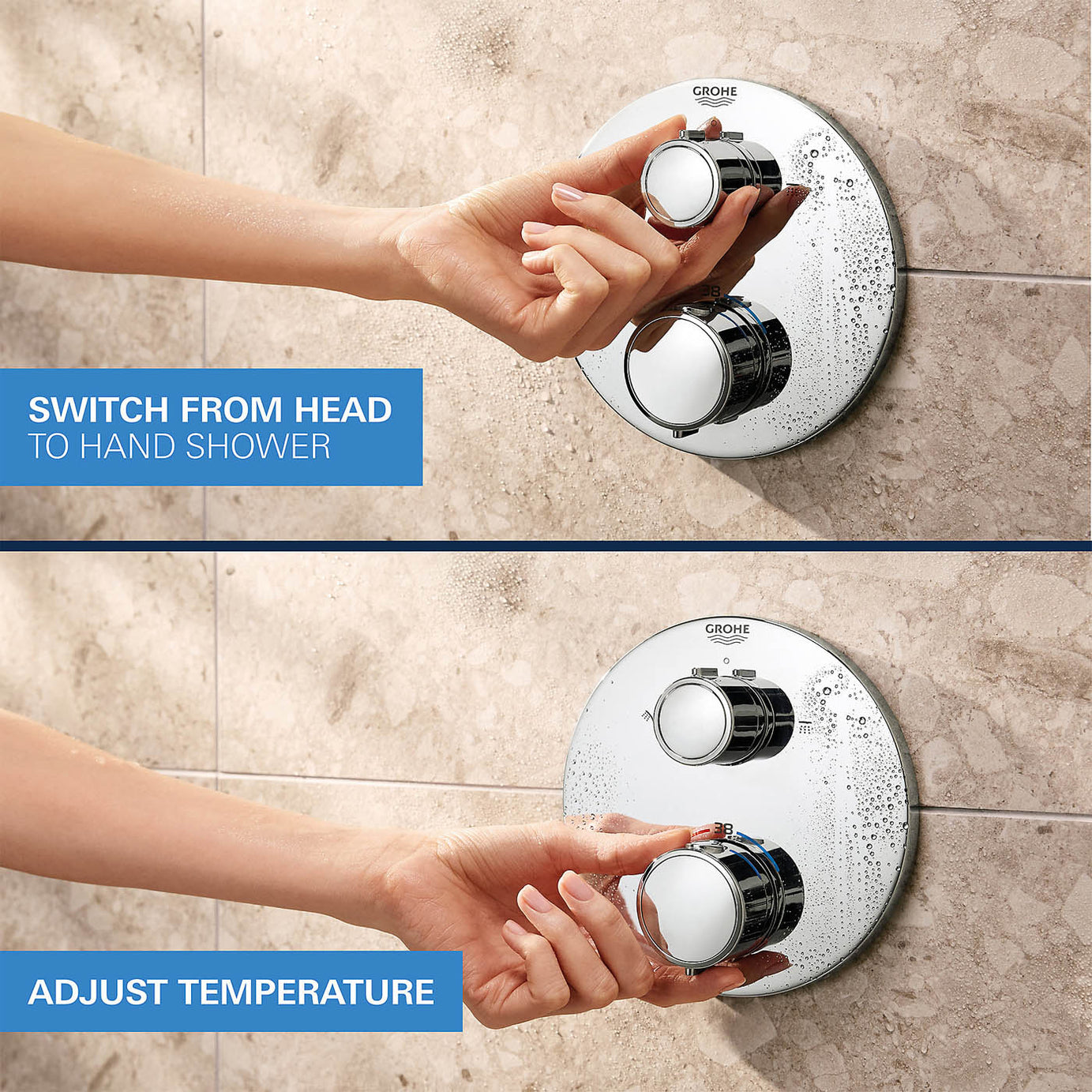 Grohe Thermostatic Mixer Shower Chrome Concealed 2 Spray Patterns Dual Head - Image 6
