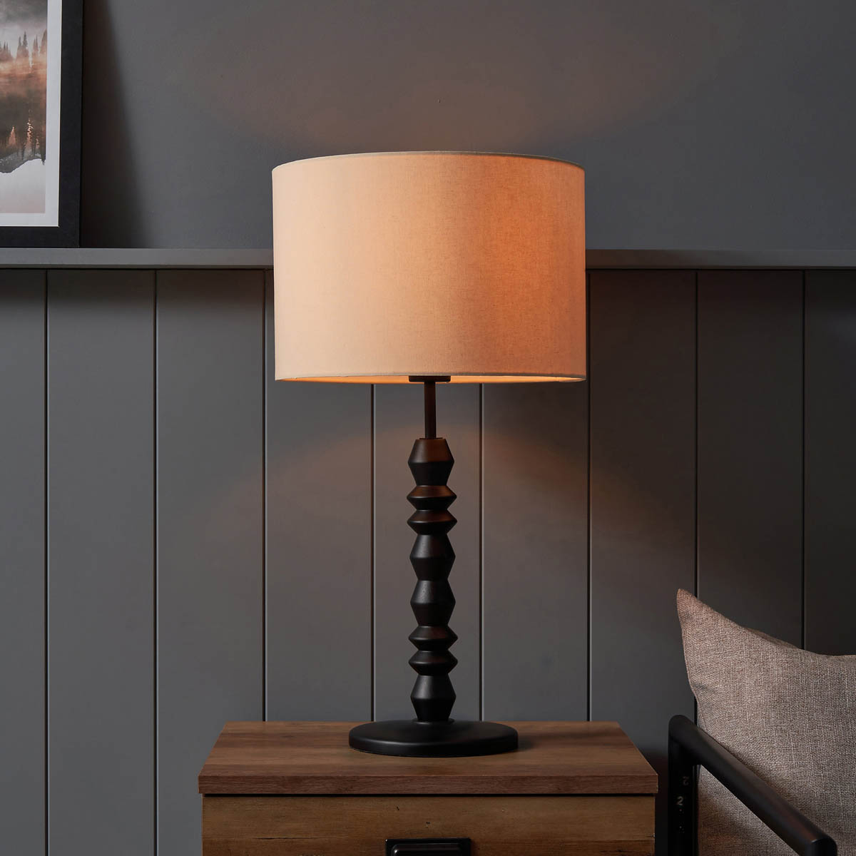 Inlight Table Lamp Spindle Black Wood Effect Natural Fabric Round Contemporary - Image 6