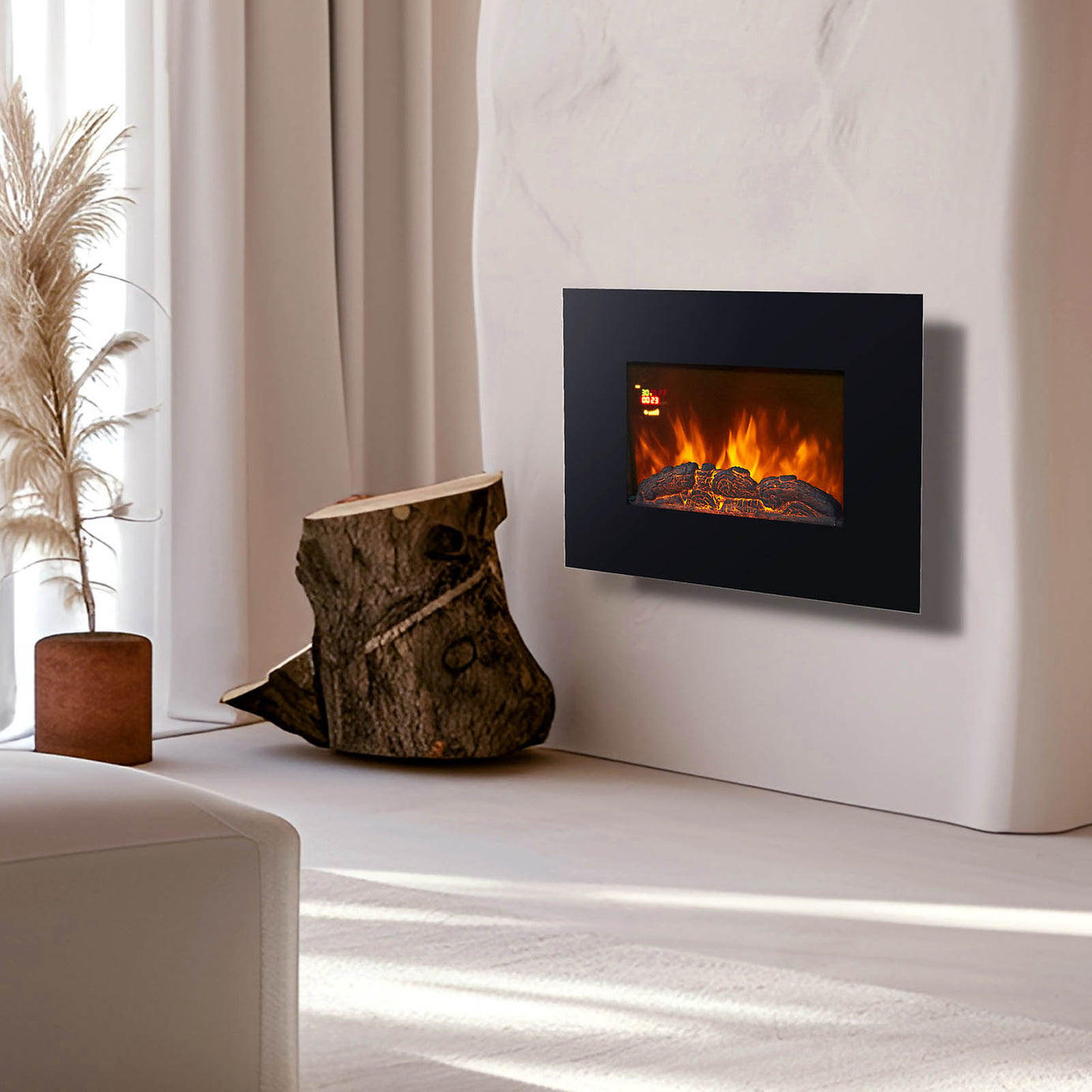 Electric Fire 1.8kW Steel Tempered Glass Wall Mounted Fireplace Heater LED Flame - Image 2