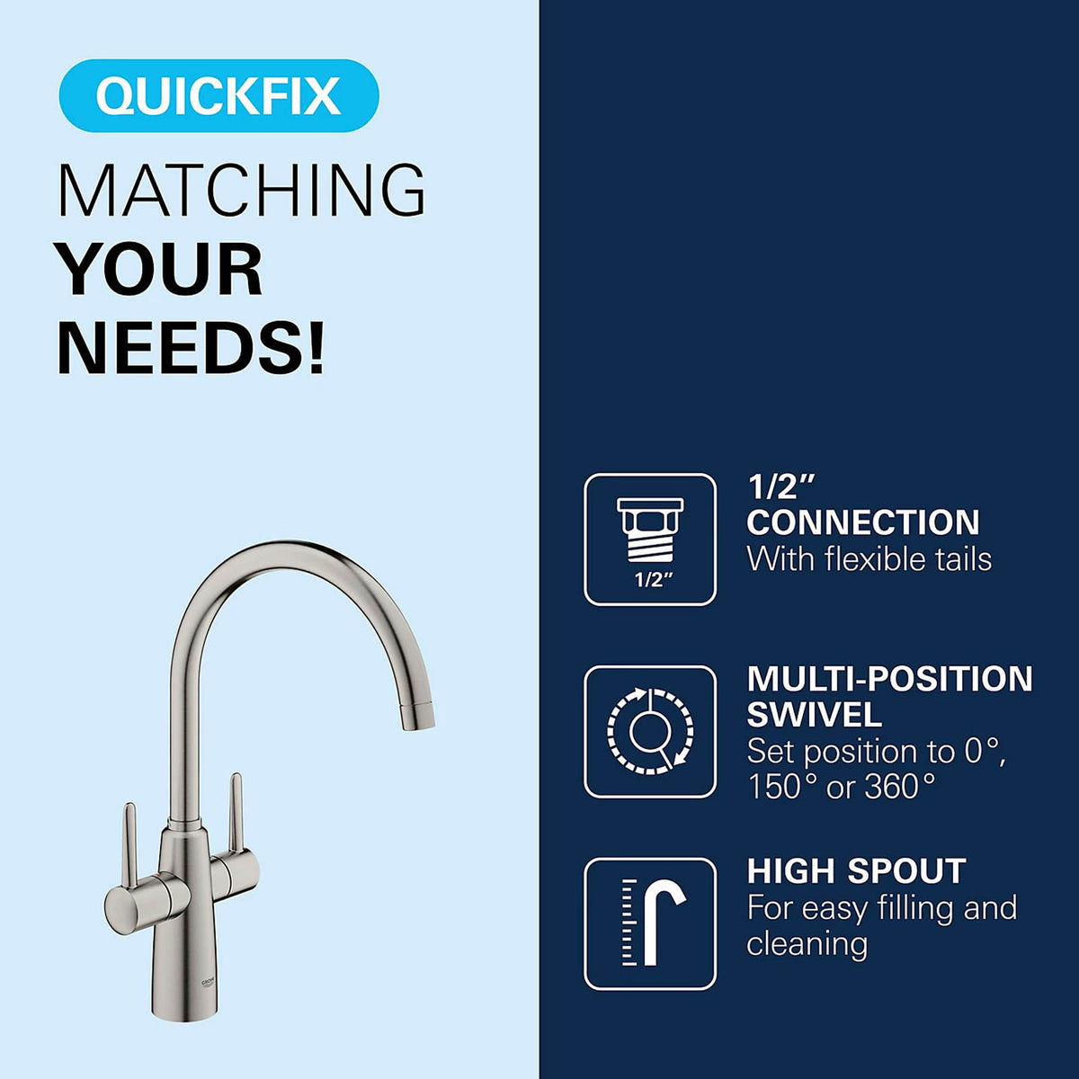 Grohe Ambi Kitchen Tap Dual Lever Mixer Supersteel Swivel Spout Modern - Image 10