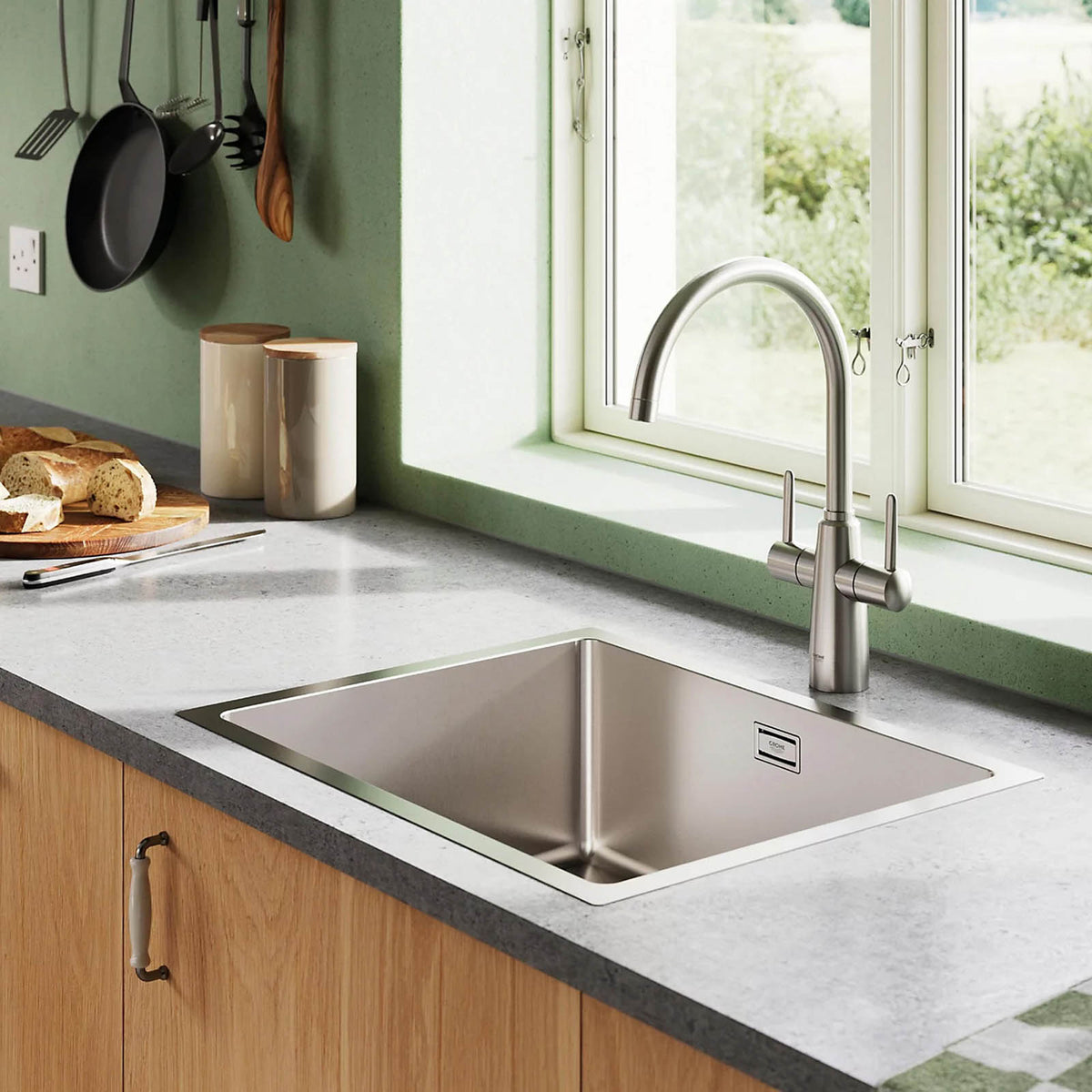 Grohe Ambi Kitchen Tap Dual Lever Mixer Supersteel Swivel Spout Modern - Image 3