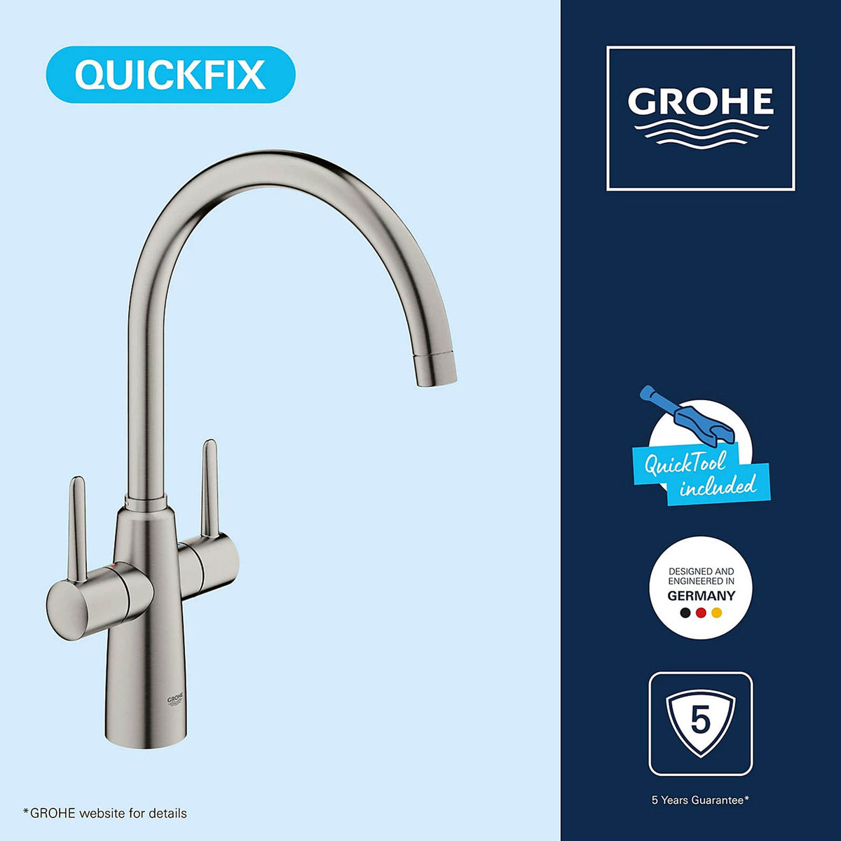 Grohe Ambi Kitchen Tap Dual Lever Mixer Supersteel Swivel Spout Modern - Image 9