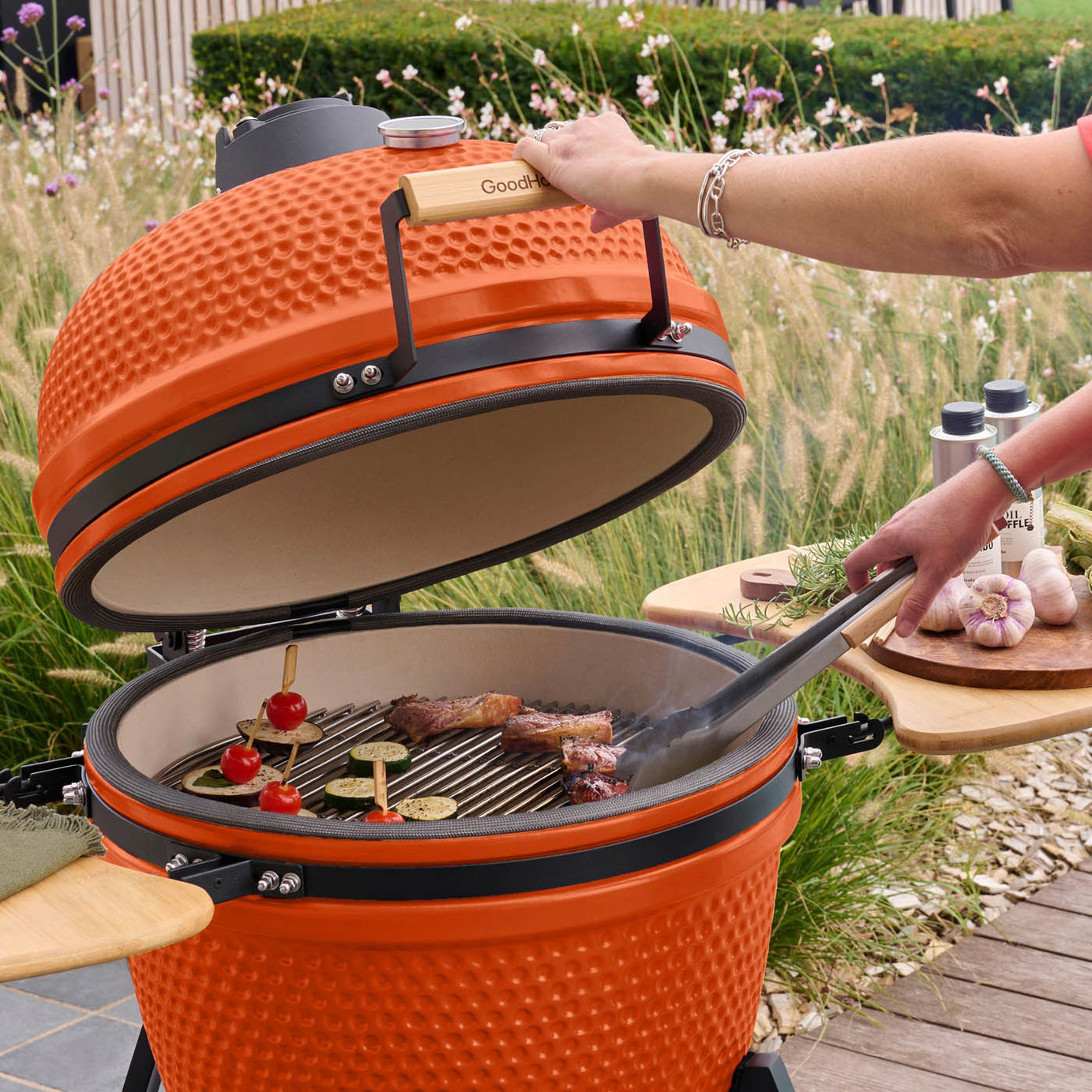 GoodHome Kamado Egg BBQ Charcoal Sagami Orange Ceramic 54.5cm With Thermometer - Image 5