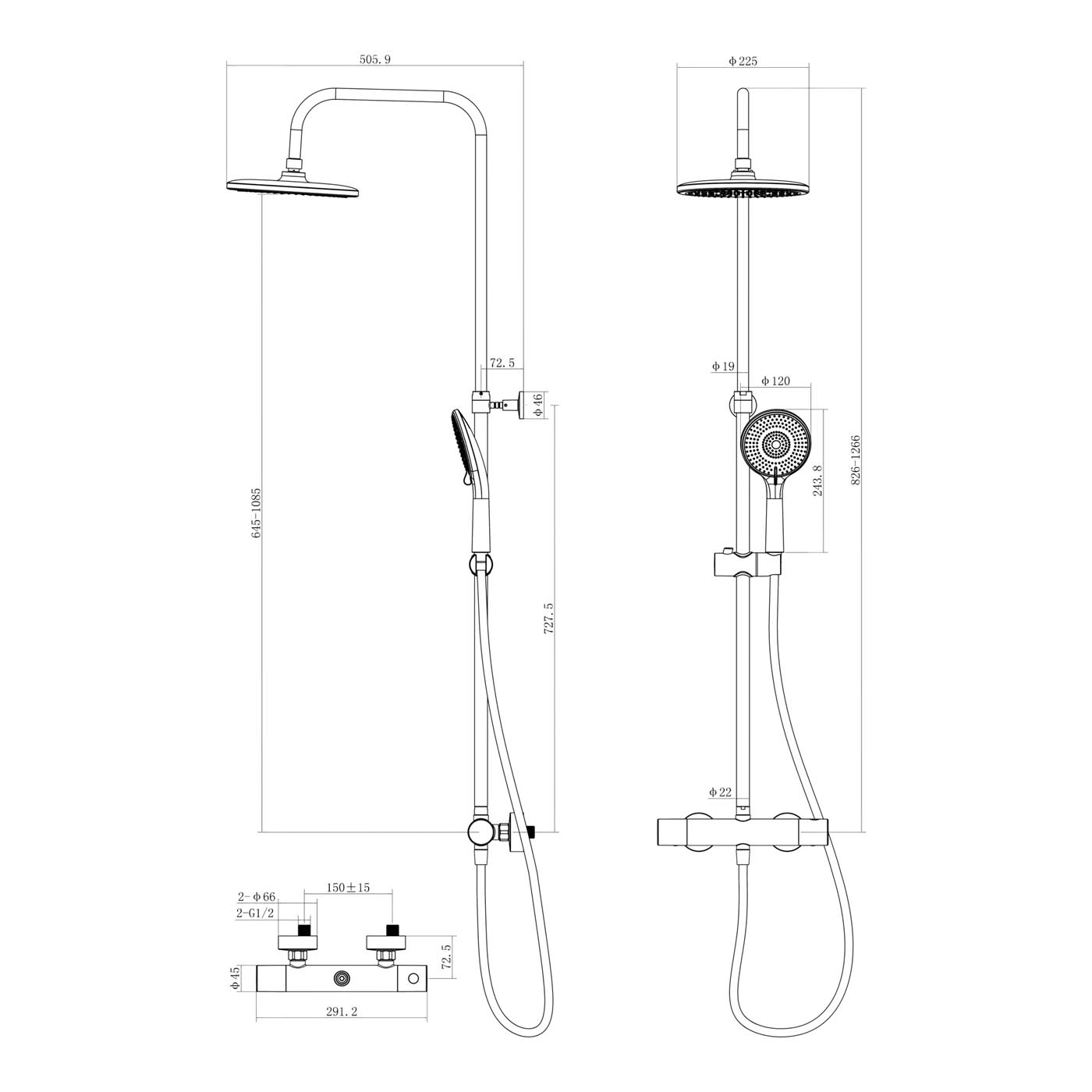 Thermostatic Mixer Shower Chrome effect Wall-mounted Multi head  & 1.5m hose - Image 2