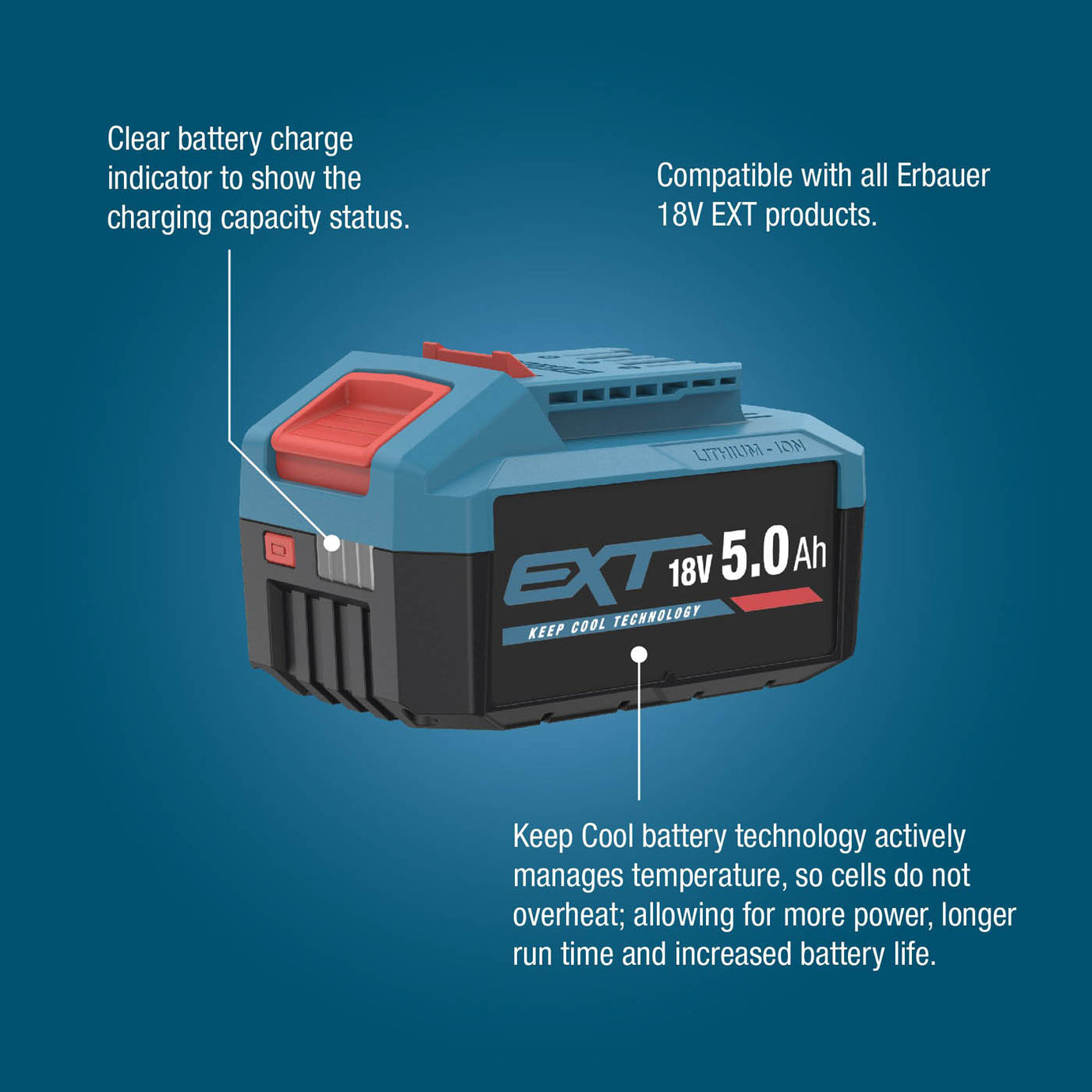 Erbauer Power Tool Battery 18V 5Ah Li-ion ERI1100BAT Charge Indicator Compact - Image 2