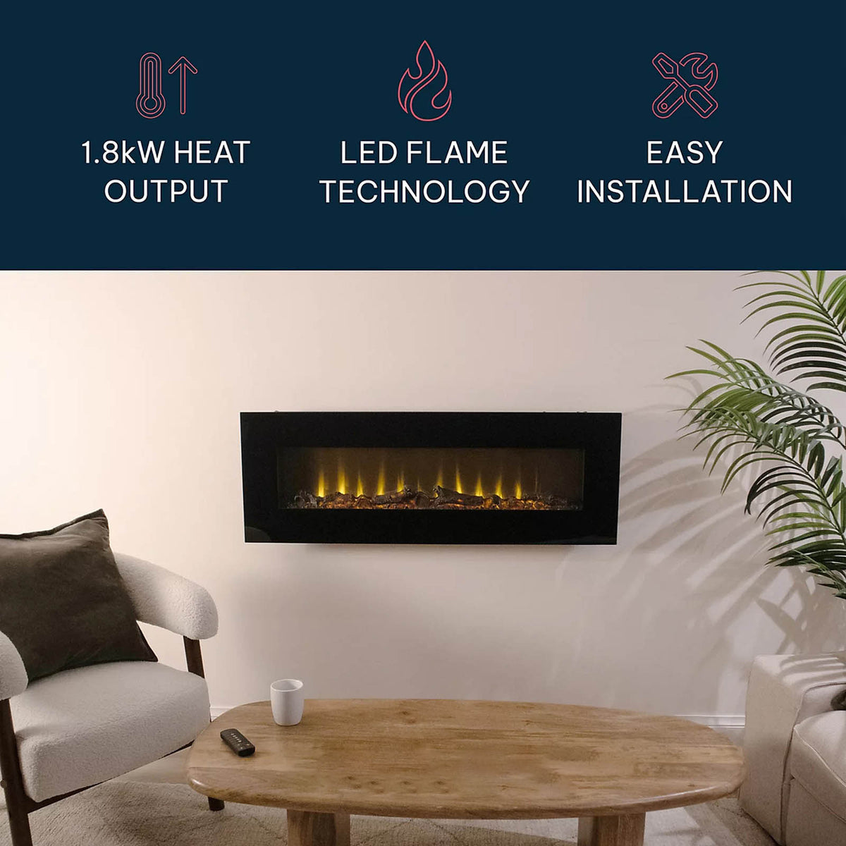 Focal Point Ravensdale Wall Mounted Electric Fire 1.8kW Black Remote - Image 5