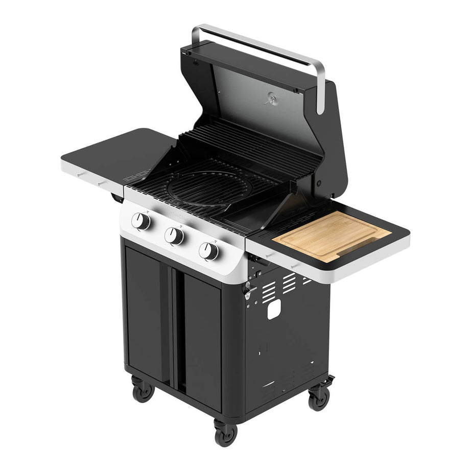 Gas BBQ 3 Burner Black Steel Side Shelves Outdoor Barbecue Electronic Ignition - Image 3