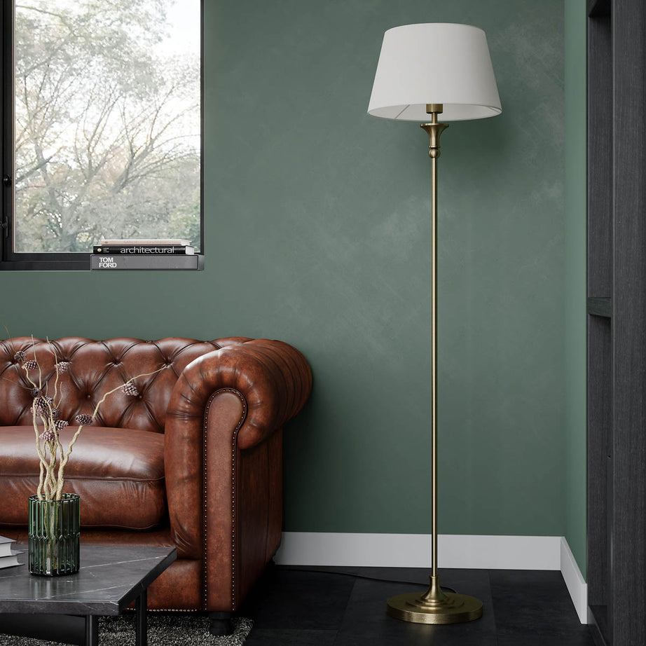 Floor Lamp LED Satin Cream Fabric Shade Antique Brass Effect Traditional - Image 4