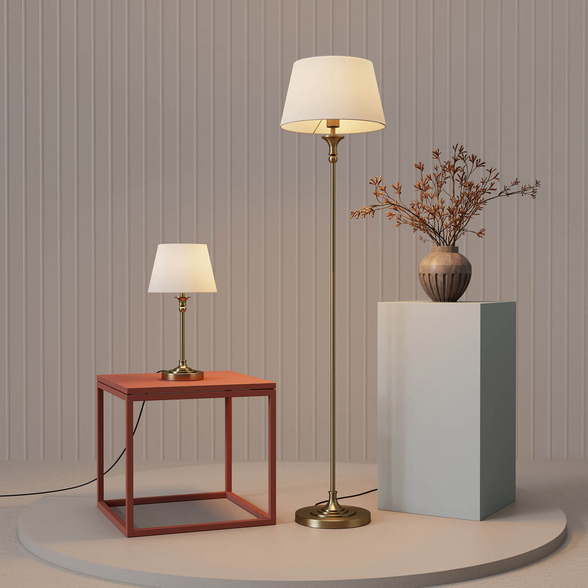 Floor Lamp LED Satin Cream Fabric Shade Antique Brass Effect Traditional - Image 5