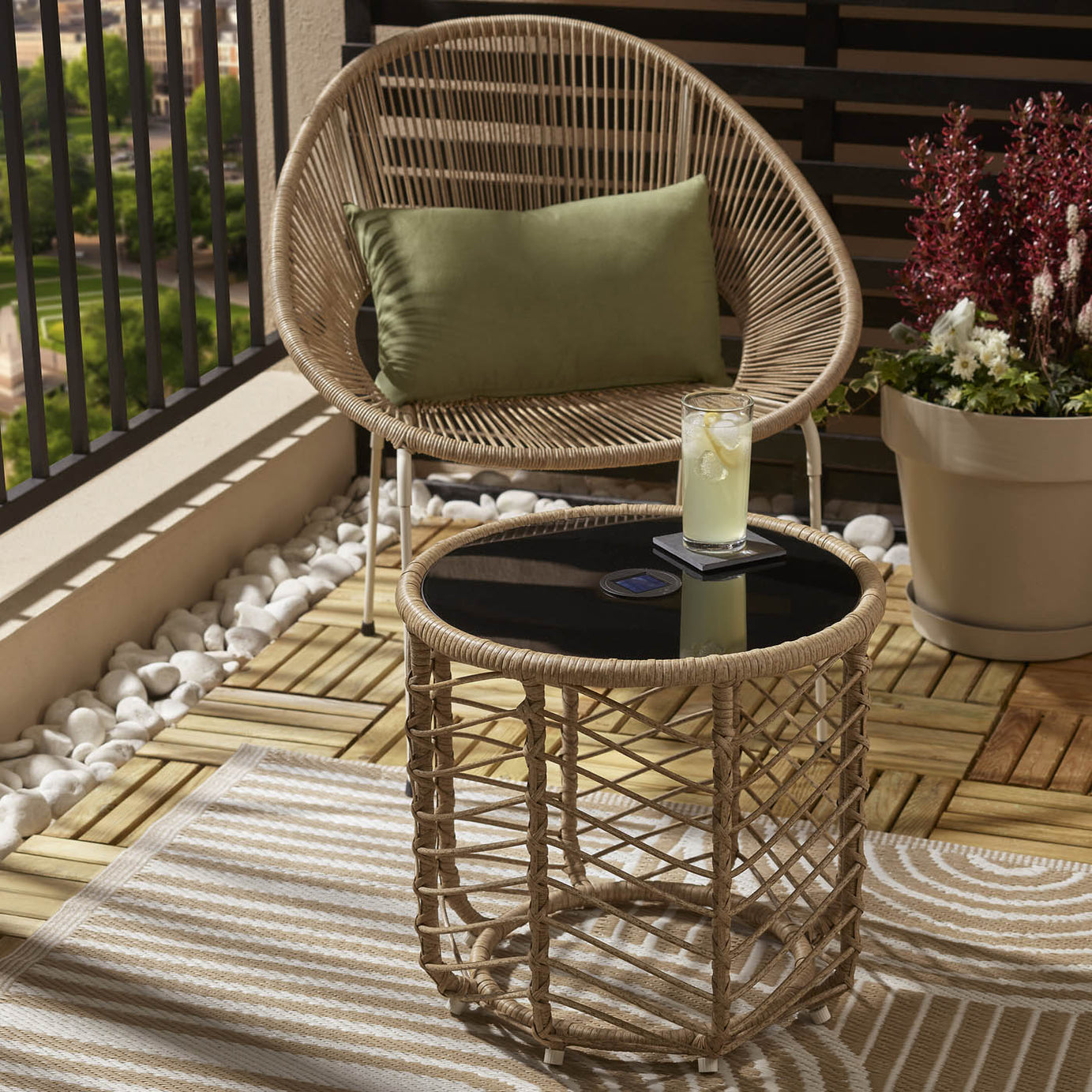 GoodHome Omalos Rattan effect Beige Round Side table - Solar-powered - Image 1